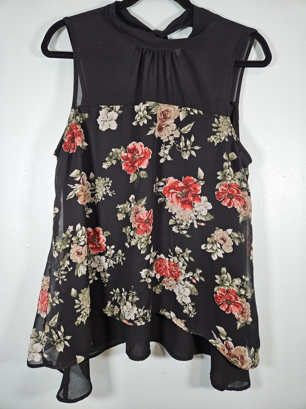 Faith and Joy Black Sleeveless Chiffon Floral Camisole with Red Rose Print